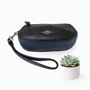 COACH Black Metallic Blue Pebbled Leather Zip Wristlet Mini Purse
